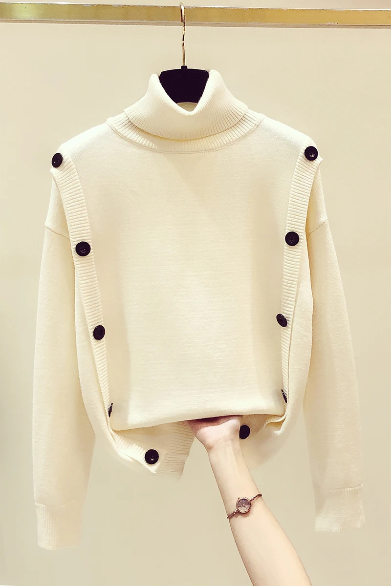 

2020 Autumn Winter New Buttons Turtleneck Sweater Women's Solid Color Long Sleeve Knitwear Top Students Knit Sweaters Coat Mujer