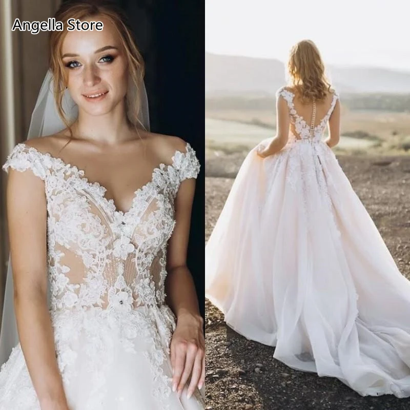 

Country A-Line Wedding Dress For Bride Court Train Lace Appliqued Summer Illusion Boho Bridal Gowns Sheer Buttons Back Vestidos
