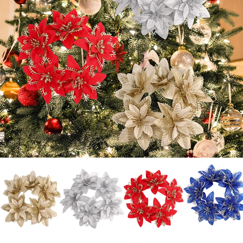 

5Pcs Christmas Flowers Tree Decoration Christmas Decorations Glitter Artificial Flowers Xmas 2022 New Year Floral Gifts Navidad