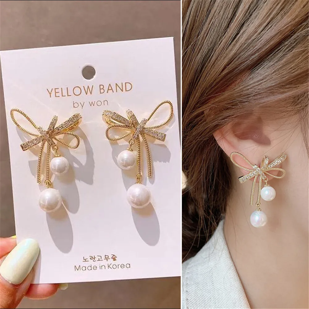 

1pair Korean Elegant Wild Long Rhinestone Pearl Bow Heart Shaped Dangle Earrings Ins For Women Girls Earings Dress Decor Fashion