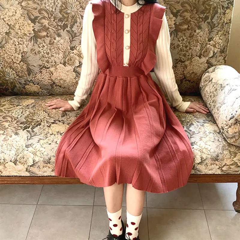 

Winter Sweet Sweater Dress Women Vintage Patchwork Midi Office Knit Dress Female Long Sleeve One Piece Dress Korean 2021 Autumn