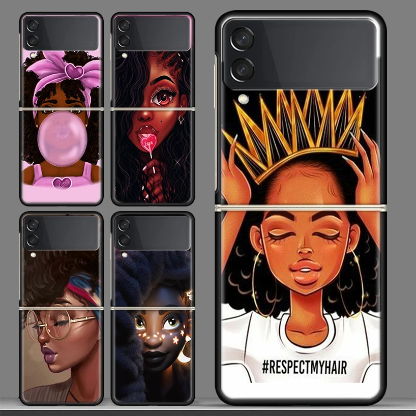 

Melanin Poppin Africa Black Girl Black Phone Case For Samsung Galaxy Z Flip 3 PC Cover ZFlip 3 5G Luxury Art Pattern Bumper