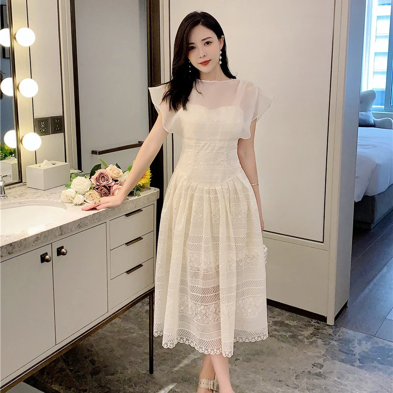 

Lace Patchwork Summer Dress Women O-Neck Short Sleeve Casual Long Dress Luxury Hollow Out Party Dress Floral Embroidery C863