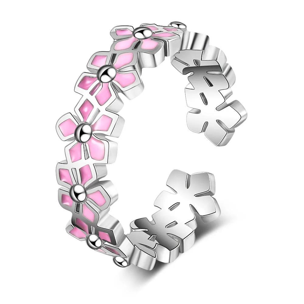 

Ring female Korean version of small fresh flower leaf pink epoxy fashion 925 sterling silver jewelry open ring lettering