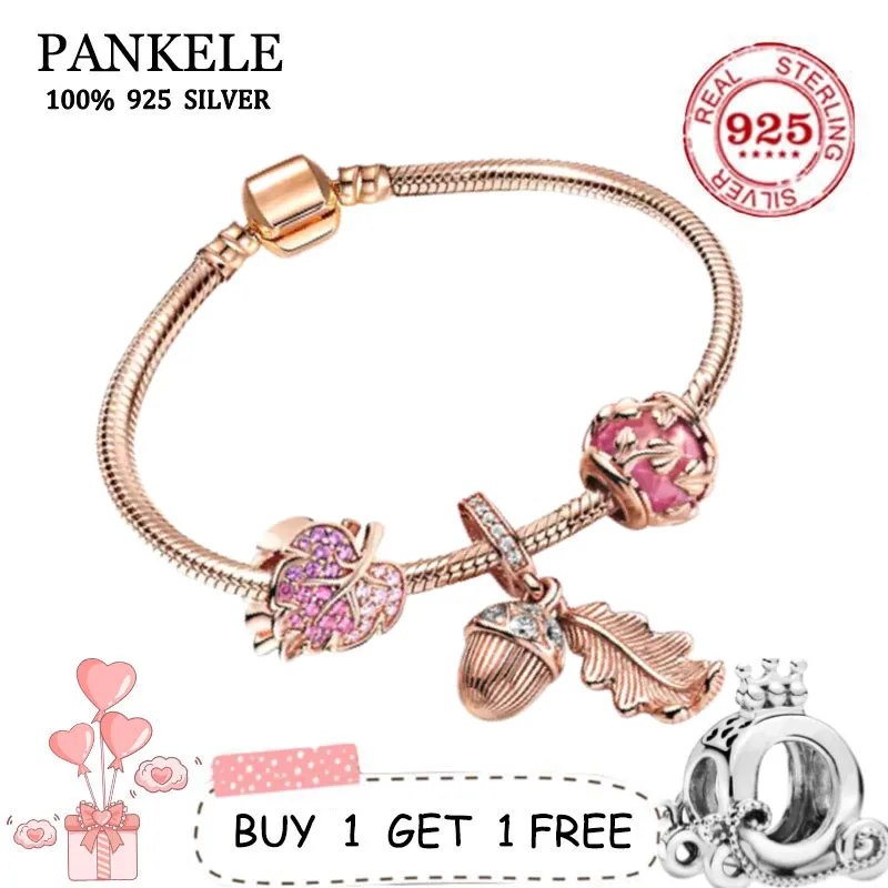 

100%925 Sterling silver European fashion fashion Charm Beaded rose gold Bracelet Bangle For Women Couples Original Gift Jewelry
