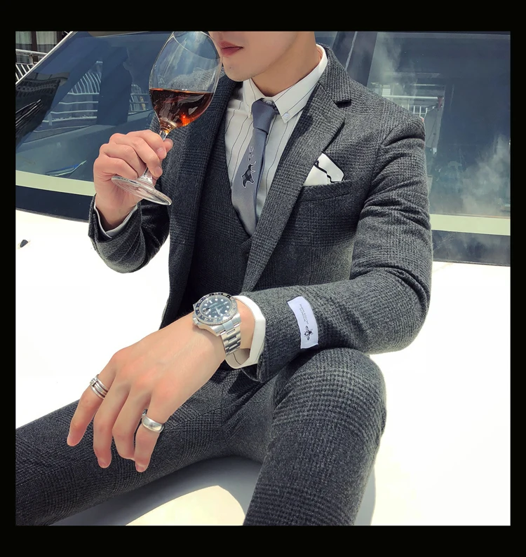 Мужской деловой костюм, официальный смокинг, мужские костюмы, Casacas Hombre Azul Terno Preto, облегающие Серые Ретро костюмы в клетку для мужчин