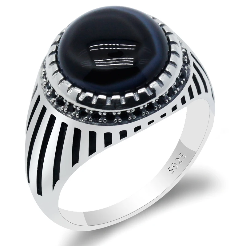 

Турецкое кольцо с черным агатом для мужчин и женщин, кольца из стерлингового серебра 925 пробы с из круглого натурального камня и черным фиан...