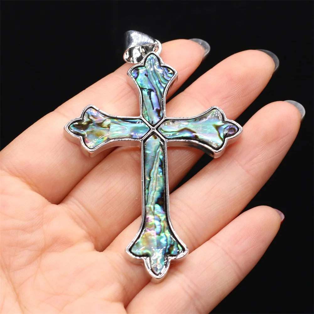 

Natural Abalone Shell Charms Cross Shape Punk Angel Satan Pendant for Women Men DIY Necklace Jewelry Making Gift Size 47x67mm