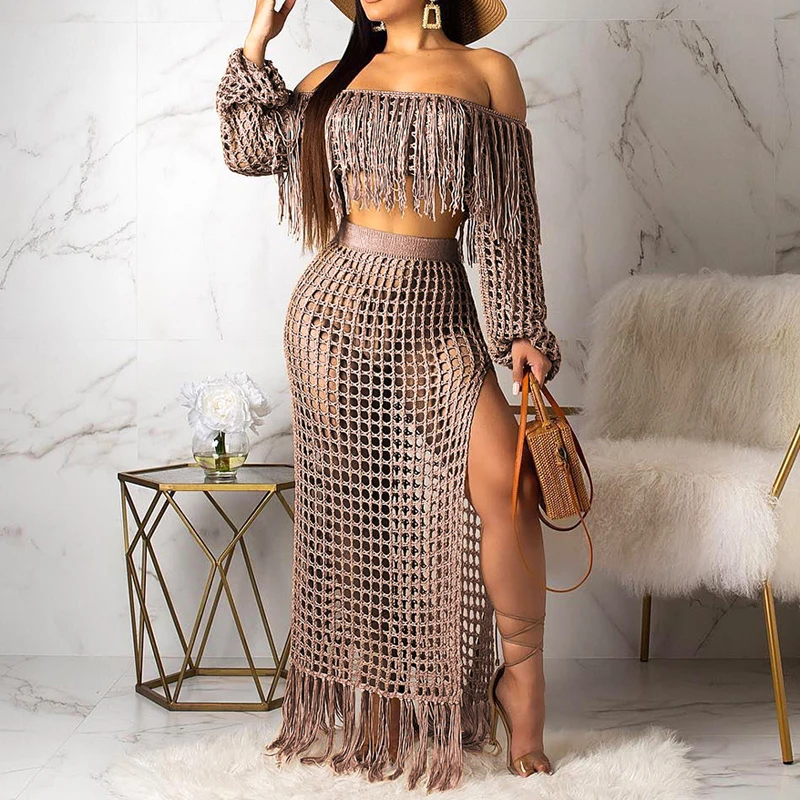 Женские летние макси комплекты из двух предметов сексуальные ажурные сетчатые