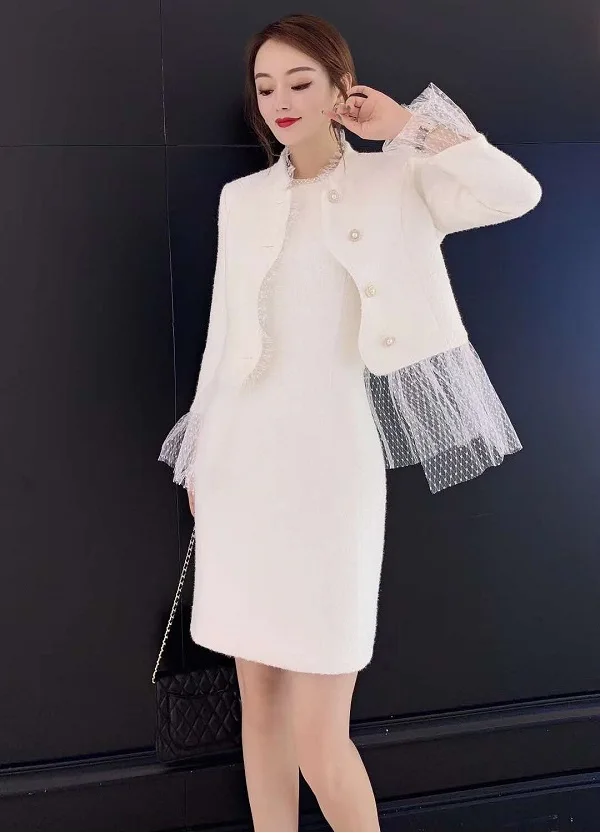 

Top Quality New Jacket Sets 2020 Autumn Winter Clothing Sets Women Sexy Tulle Mesh Patchwork Tops Coats+Vest Woolen Dress Sets