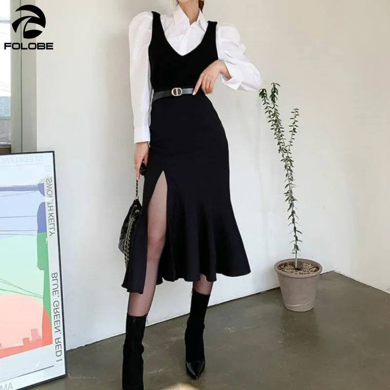

FOLOBE 2021 New Women White Shirt +Vest Dress 2 pcs Suits Sets Elegant Puff Sleeve Split Ruffles Dresses Two Piece Dress Suit