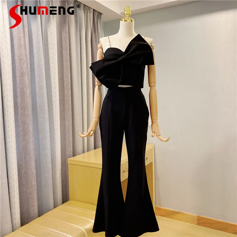 

Two Piece Set for Women Summer New Elegant Large Bow Suspendercamisole Top High Waist Slit Flare Pants Ladies Outfits Black