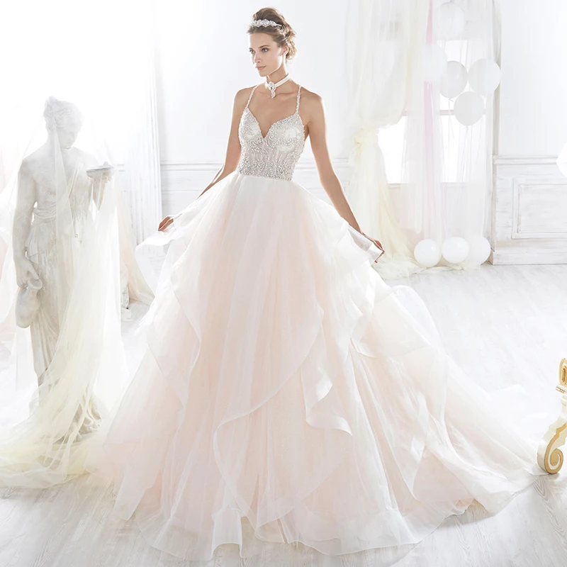 

Luxury A-line Wedding Dresses Spaghetti Straps V-neck Backless Glamorous Gowns Diamond Delicate Layered Tulle Ruffle