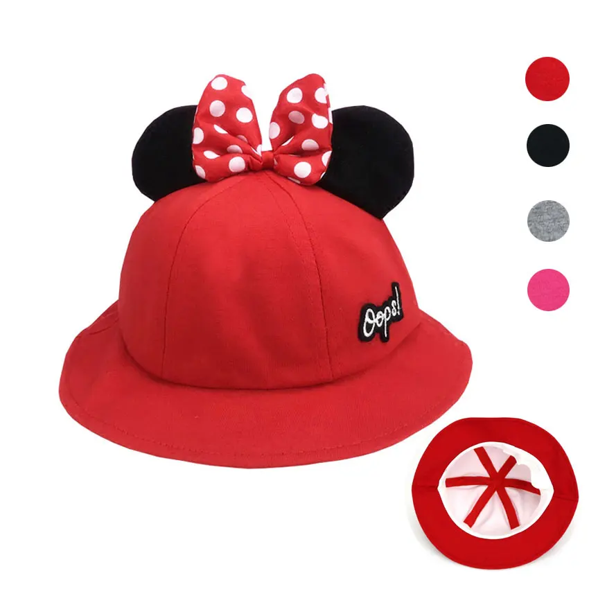 

Girls Boys Children Bow Bucket Hat Kids Outdoor Fisherman Cap Cute Cartoon Mickey Minnie Ear Cap Cotton Sun Protective Beach Cap