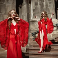 red bridal sleepwear womens robe gown sets lace bathrobe night dress sexy illusion womens designer pyjamas femme lingerie