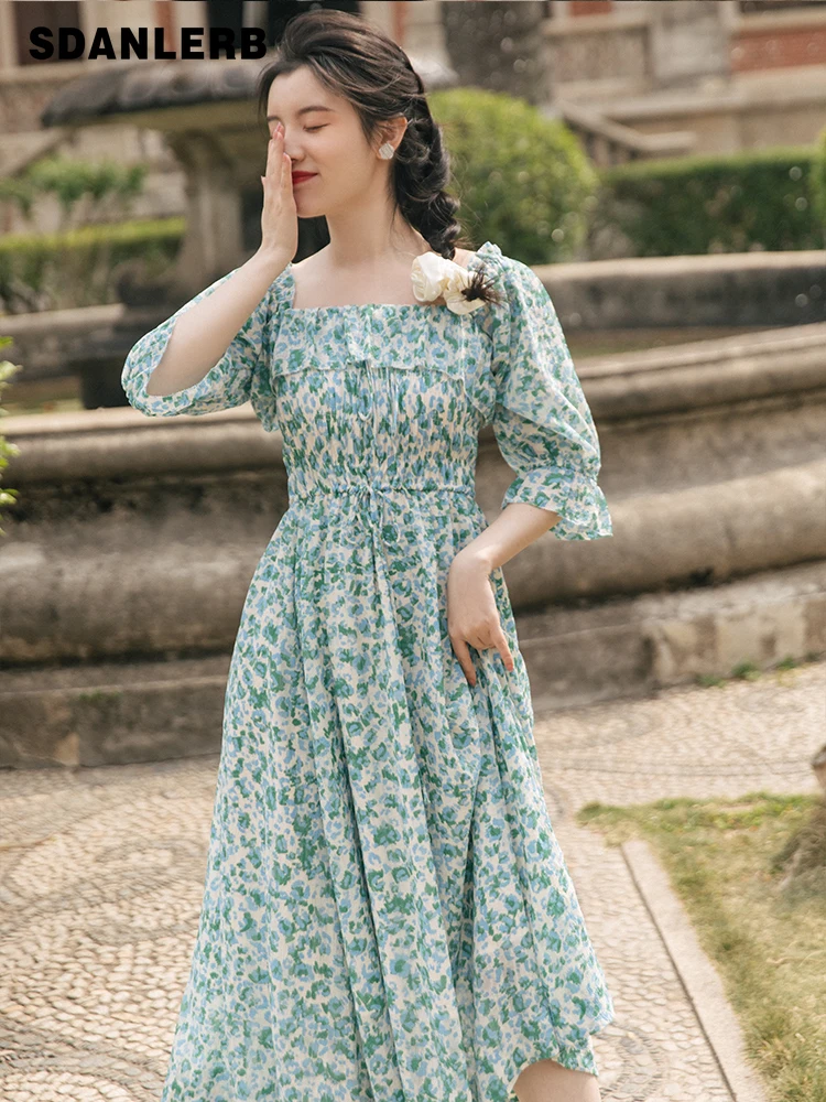 

Vestidos Mujer 2021 Summer French Vintage Dress Short Sleeve Floral Waist Slimming Sweet Elegance Backless Mid-length Dress
