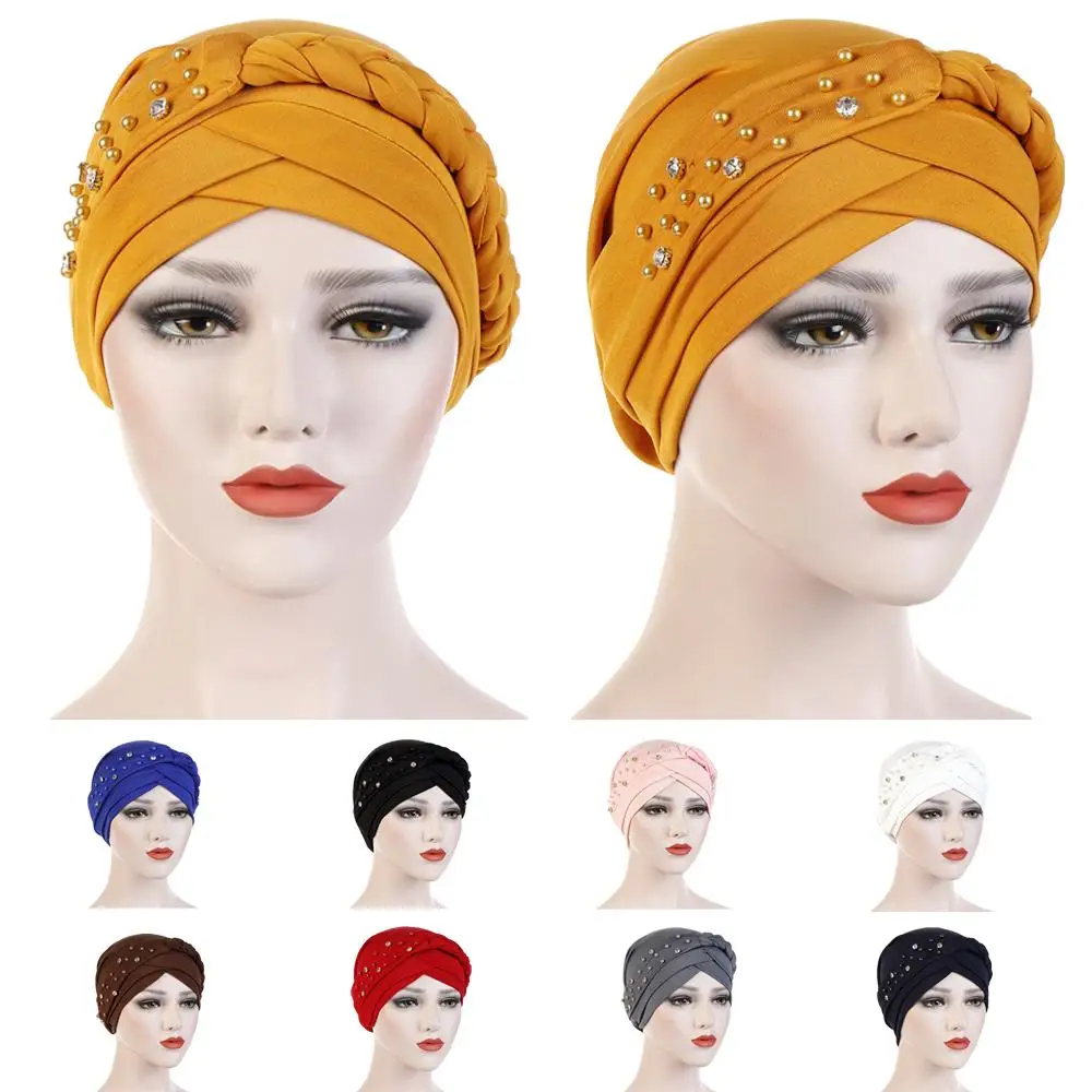 

Women Lady Beads Muslim Braid Head Turban Wrap Cover Cancer Chemo Cap Hat Islamic Arab Bonnet Beanies Skullies Ramadan