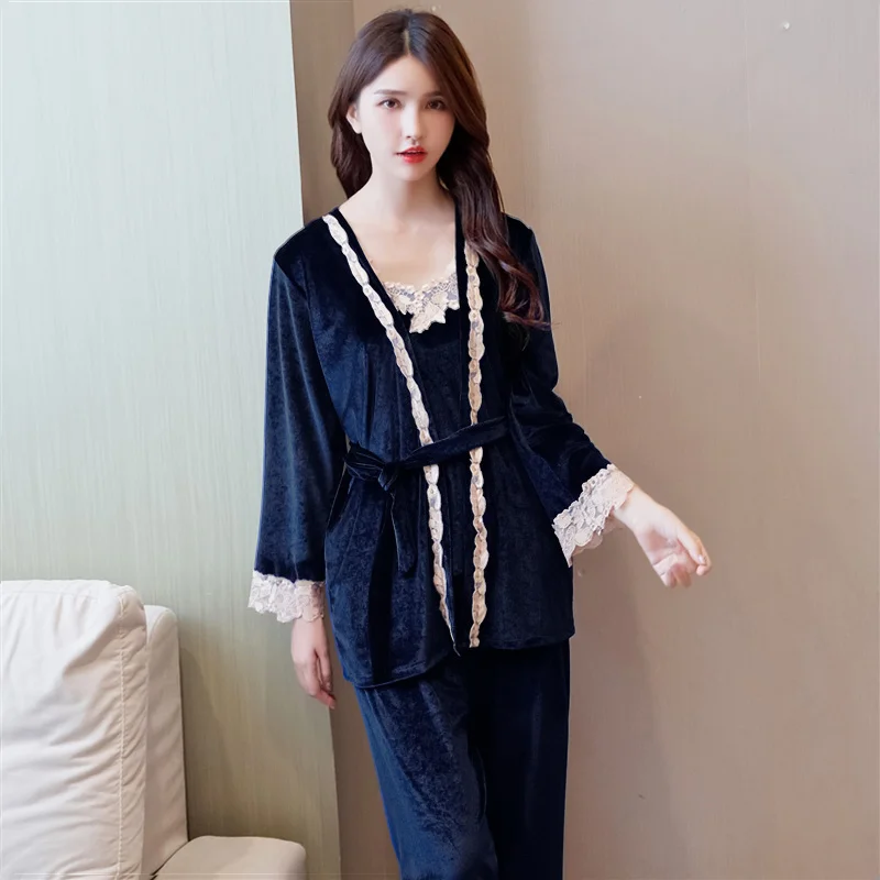 Женский пижамный комплект из 3 предметов бордовый велюровый кружевной Пижамный