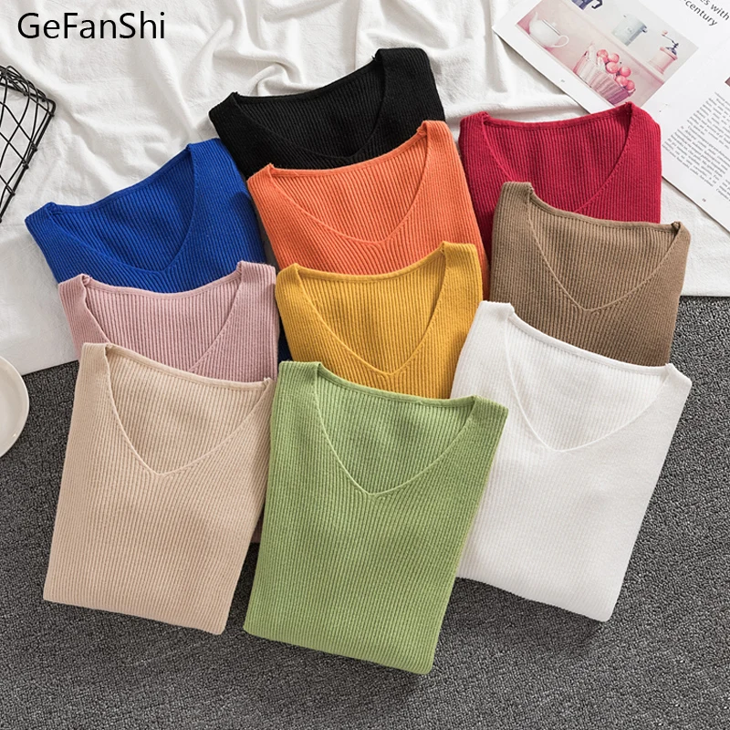 

2021 New Basic V-neck Solid Autumn Winter Sweater Pullover Women Female Knitted Sweater Slim Long Sleeve Badycon Tops Cheap