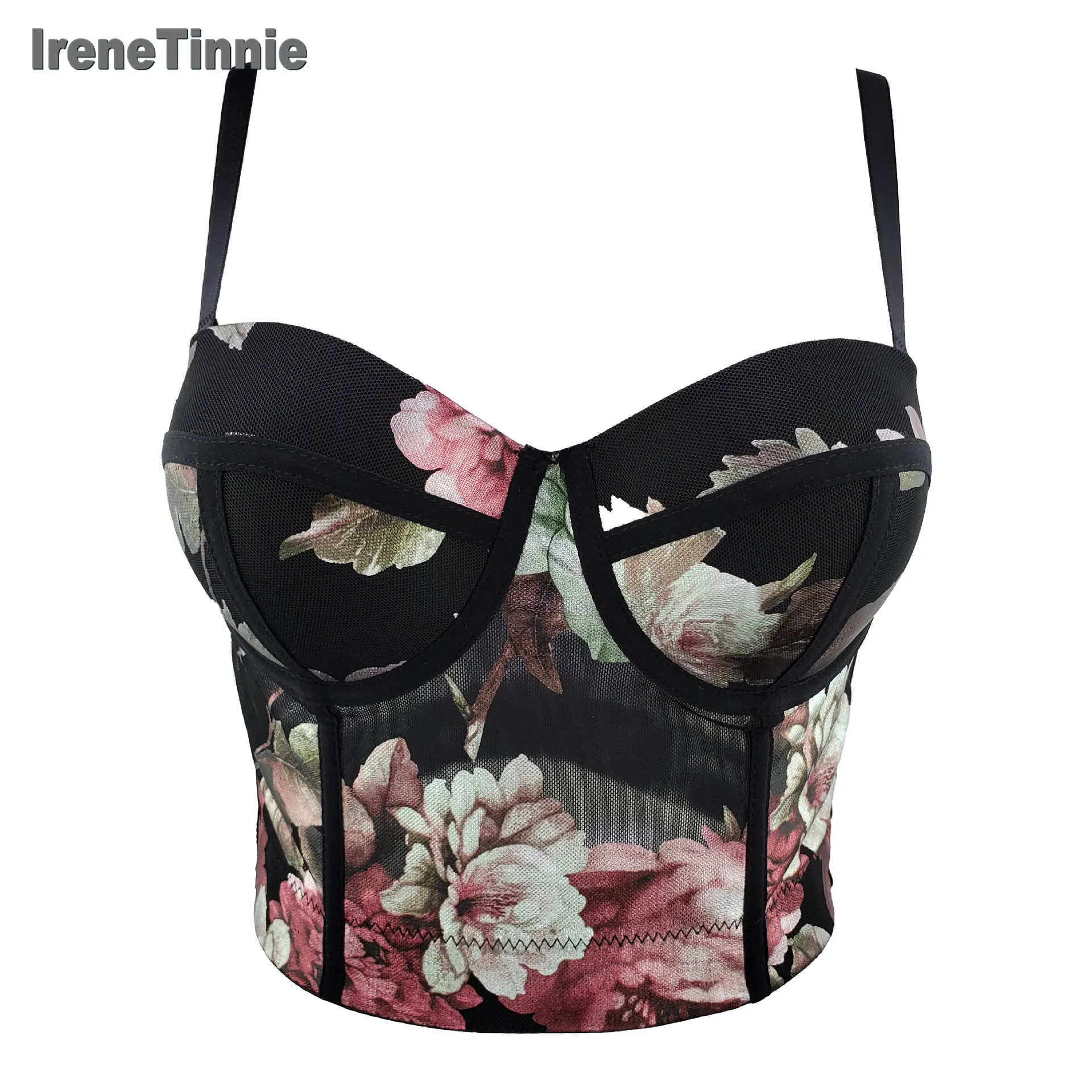 

IreneTinnie New Women Push Up Bustier Crop Top Sexy Cropped Printed Flower Feminino Strappy Bralette Bras Camis Tops Cropped