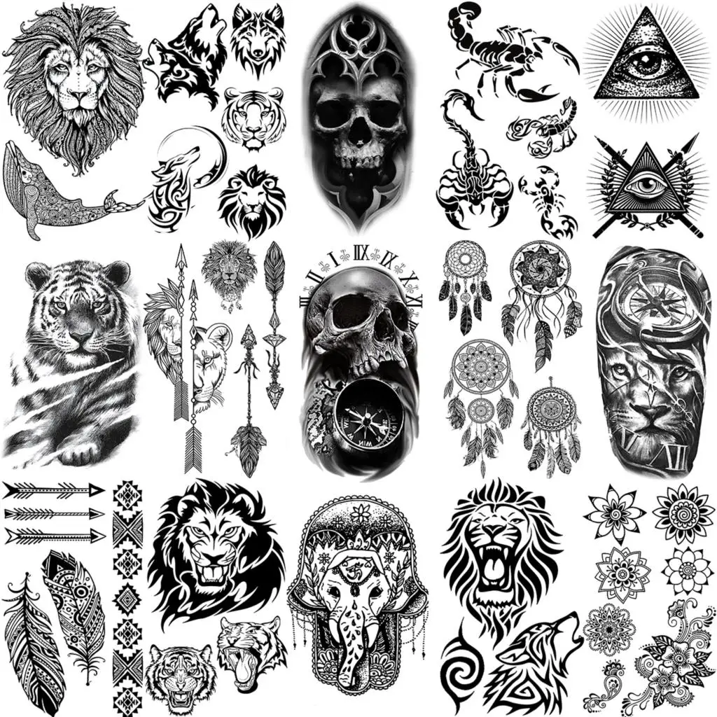 

Lack Skull Tiger Elephant Whale Lion Temporary Tattoos For Women Adult Men Henna Feather Arrow Fake Tattoo Arm Hands Small Tatoo