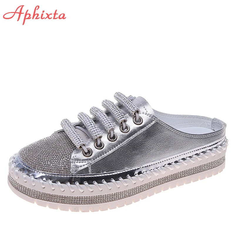 Aphixta 2022 New Flat Platform Half Slippers Women Summer Couple Bling Mules Crystals Lace-up Shoes Slides Plus Size 42 43