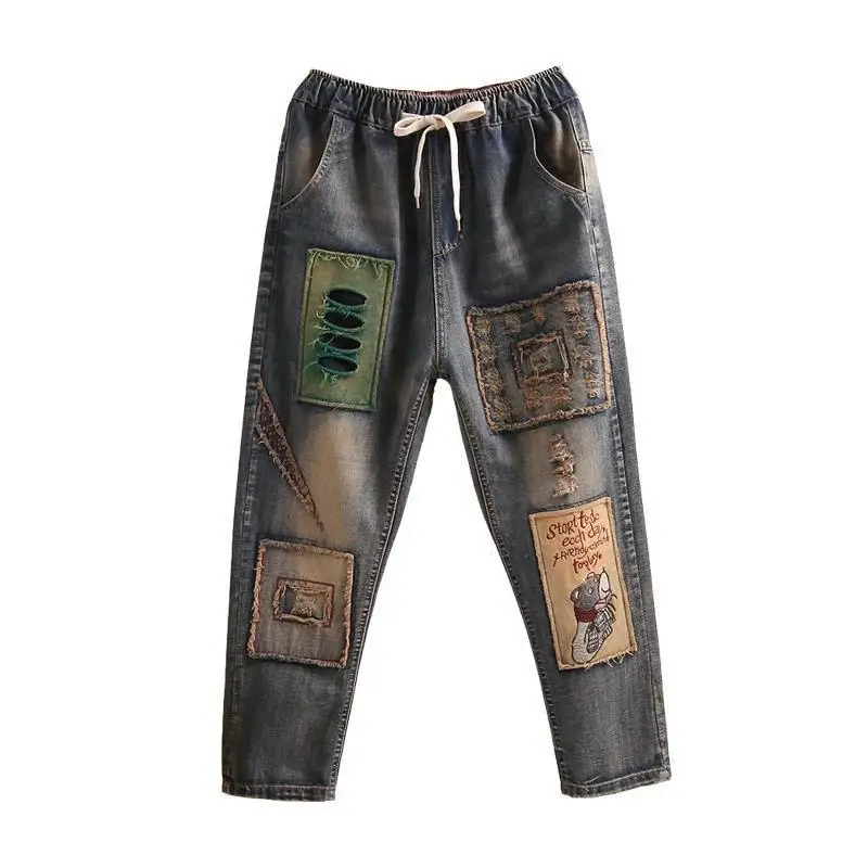 

2020 New Large Retro Style Old Embroidery Patch Hole High Waist Women's Nine Point Jeans Mujer Harlan Pants Fashion Plus Size