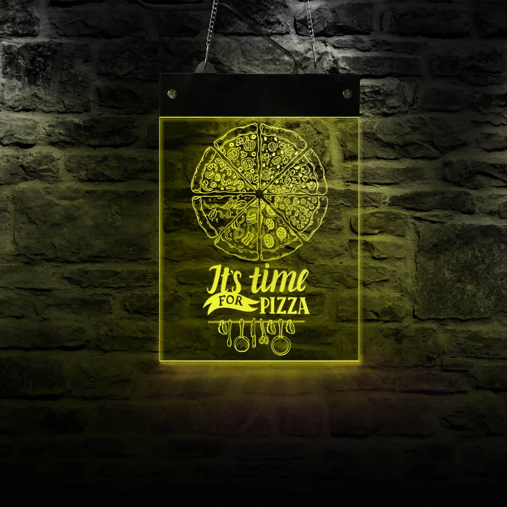 

It's Time For Pizza LED Hanging Wall Sign Pizza Shop Multi-color LED Lighting Wall Art Electric Rectangle Advertisement Board