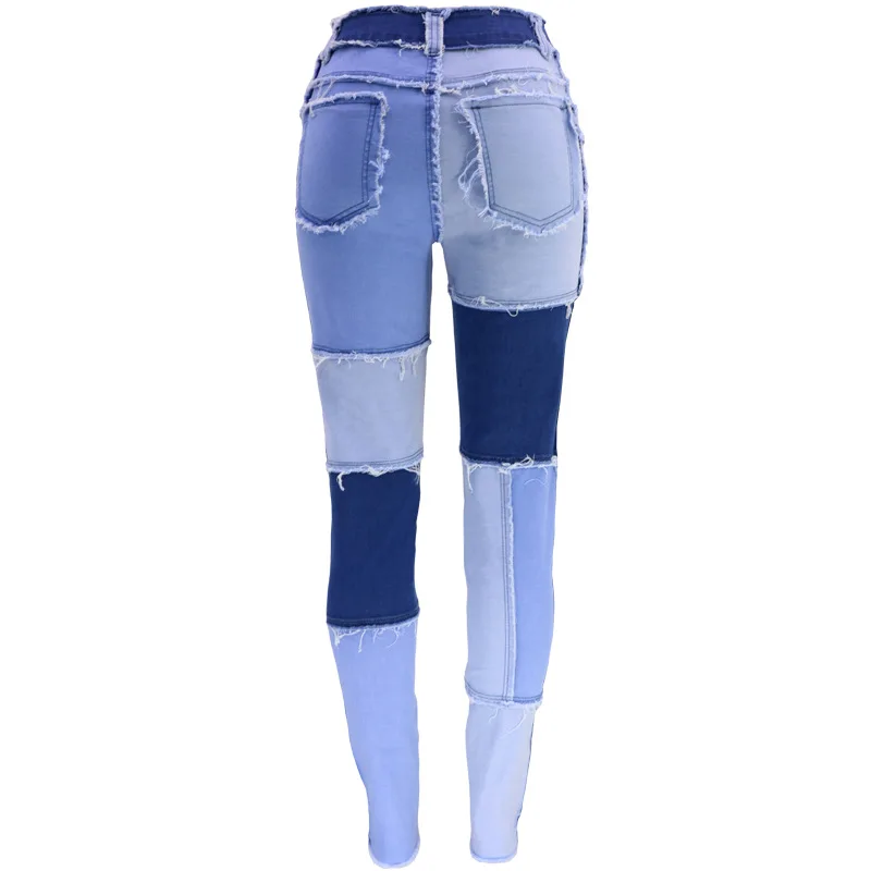 

Женские цветные блочные Джинсы для взрослых эластичные джинсовые брюки с высокой талией и карманами в стиле пэчворк