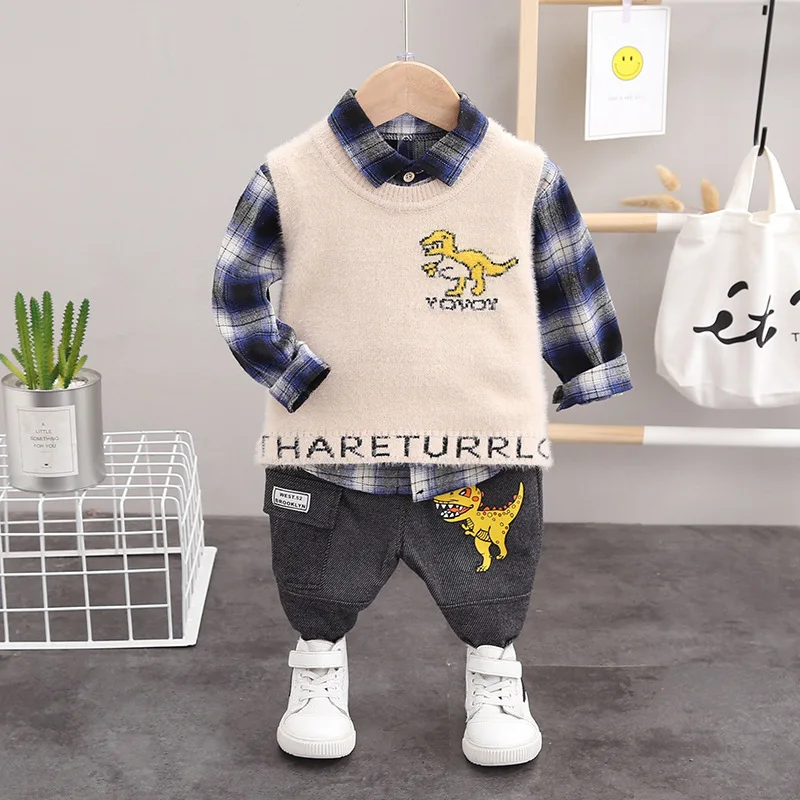 Spring Autumn Clothes Baby Boy Cotton Children Lattice Shirts Vest Pants 3Pcs/sets Infant Outfit Kids Fashion Toddler Tracksuits | Детская