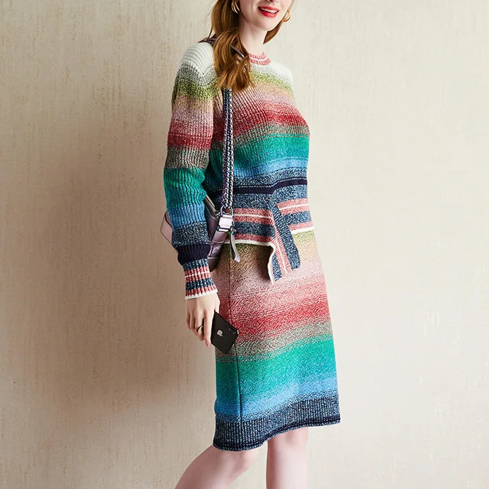 Элегантный вязаный комплект из двух предметов 2019 осенний женский градиентный