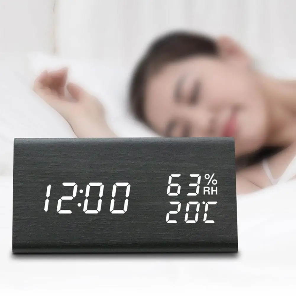 

Электронные деревянные цифровые часы-будильник треугольные цифровые настольные часы с голосовым управлением влажность температура Повто...