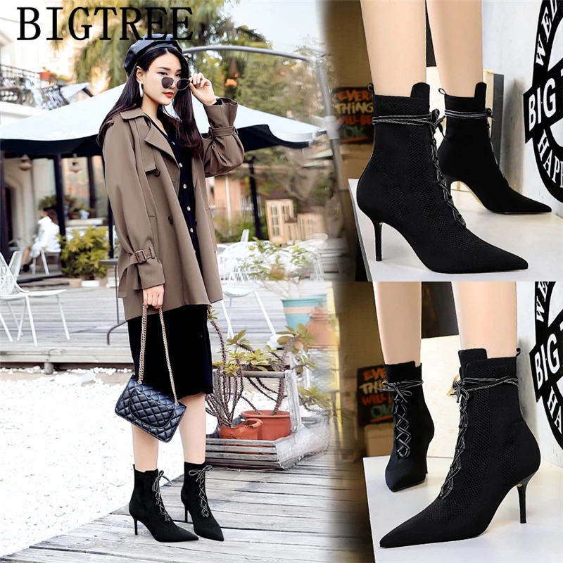 Черные ботинки-носки ботинки на высоком каблуке женские осенние модная женская