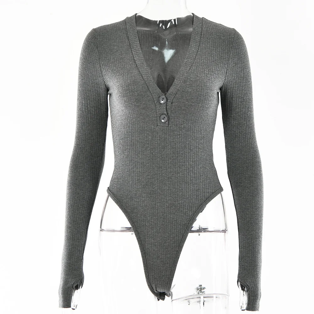 

#2138 Black White Yellow Grey Rompers Womens Bodysuits Long Sleeved Deep V Neck Buttons Sexy Knitted Body Women Skinny Autumn