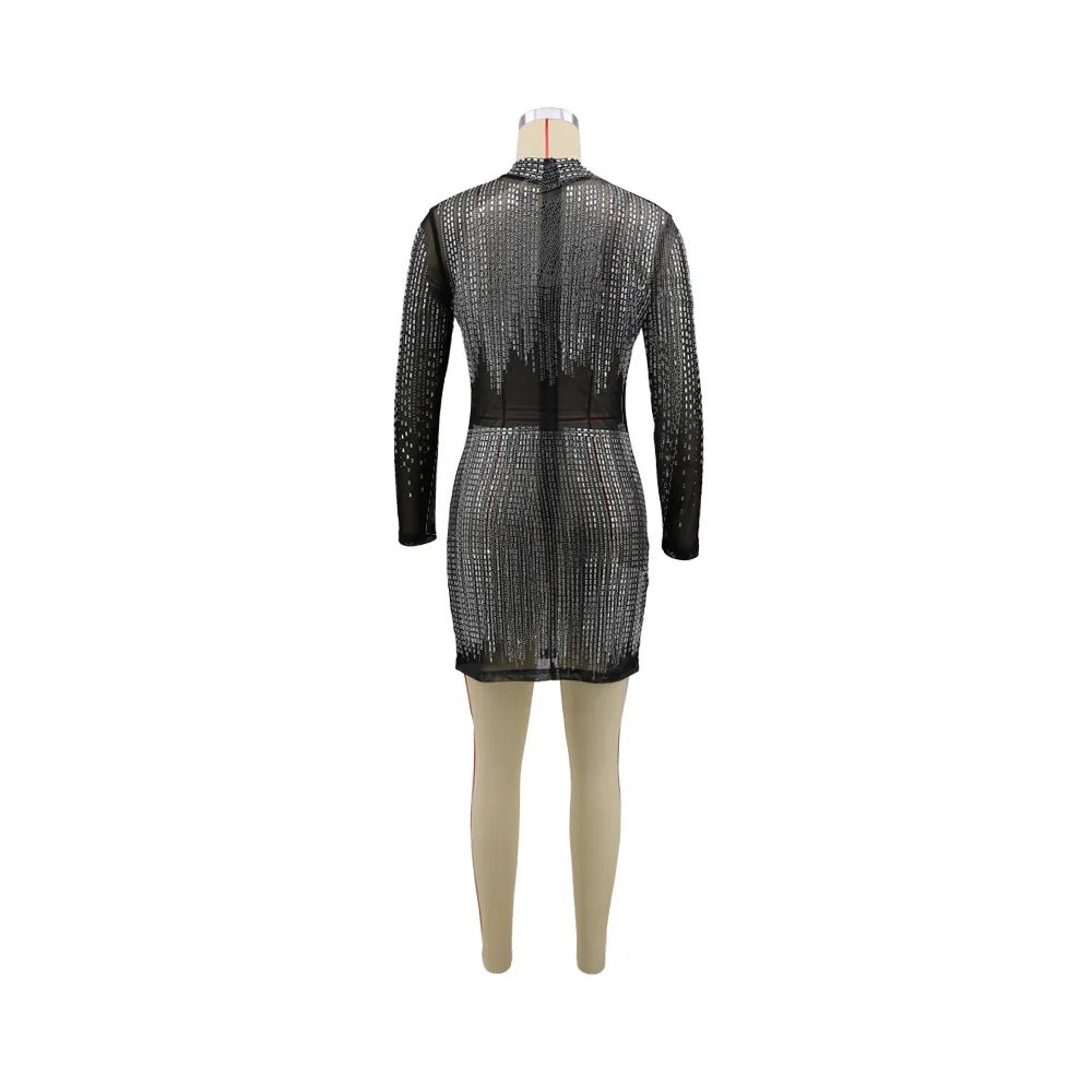 

Glitter Rhinestones Elegant Celebrity Dresses Women Sexy Black High Necked Long Sleeve Party Dress Fall Apricot Slim Pencil Robe