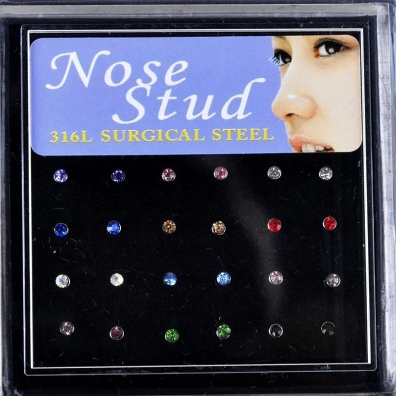

24Pcs Mix Colour Crystal Rhinestone Nose Bone Stainless Steel Hoop Septum Tragus Ring Stud Piercing Fashion