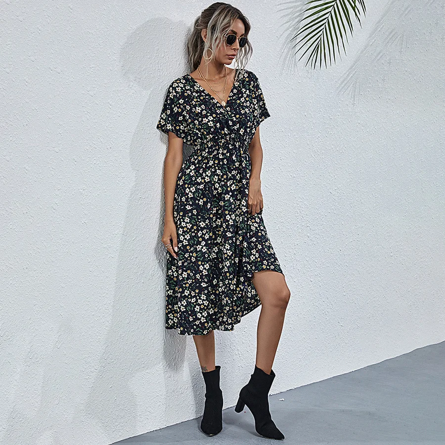 

ONLY PULS 2021 Summer Totem Floral Print Knee Length Elastic Waist V Neck Dress Boho Chic Graphic Short Sleeve Beach Sundress