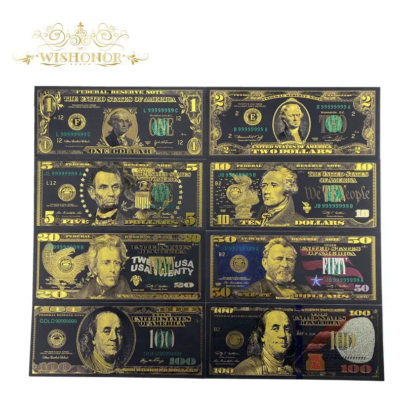 

Best Price For Full Set 8pcs USA $1-100 Dollar Gold Banknote Colorful World Money For Souvenirs, Golden Bank Notes Drop Ship