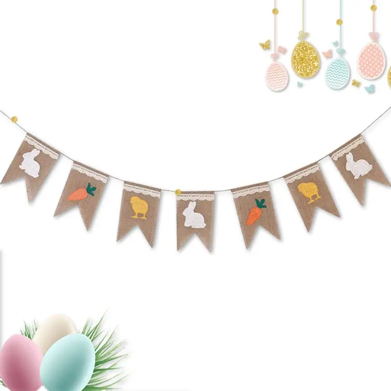 

Easter Burlap Banner Rabbit Carrot Chick Print Bunting Pull Flag Party DIY Decor