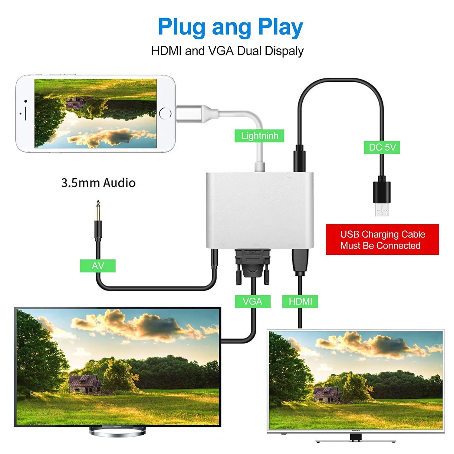 4 In1 Digital Audio Video HDTV Converter for IPhone To HDMI VGA AV Adapter Xs X XR 8 7 6plus IPad Air/mini/pro | Электроника