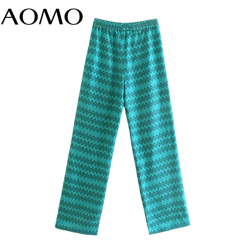 

AOMO Women Green Geometry Print Long Pants Trousers Vintage Style Strethy Waist Lady Pants Pantalon 5Z164A