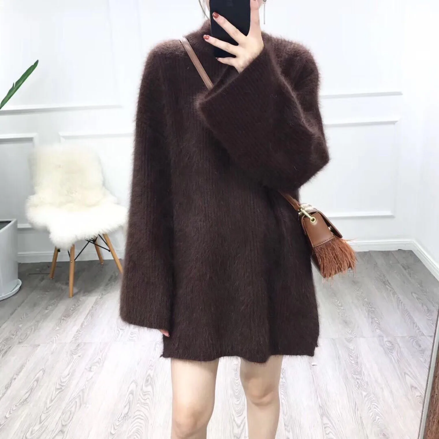 Autumn Winter Long Turtleneck Sweater Women Loose Lazy Oaf Flare Sleeve Fluffy Synthetic Mink Cashmere Knitted Jumpers | Женская одежда