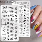 Трафареты NICOLE DIARY для стемпинга ногтей с абстрактной линией, пластины из нержавеющей стали для рисования ногтей молодых девушек, трафареты для дизайна ногтей с цветами, листьями