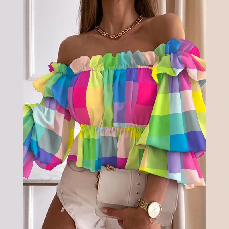 

2021 Summer Women Elegant Backless Blouse Tops Fashion Tie-dye Printed Ruffle Shirt Blouses Ladies Sexy Slash Neck Backless Tops