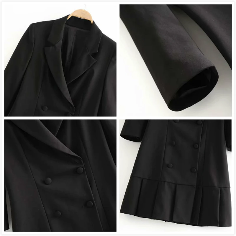 Женское двубортное платье блейзер с v образным вырезом и оборками черное