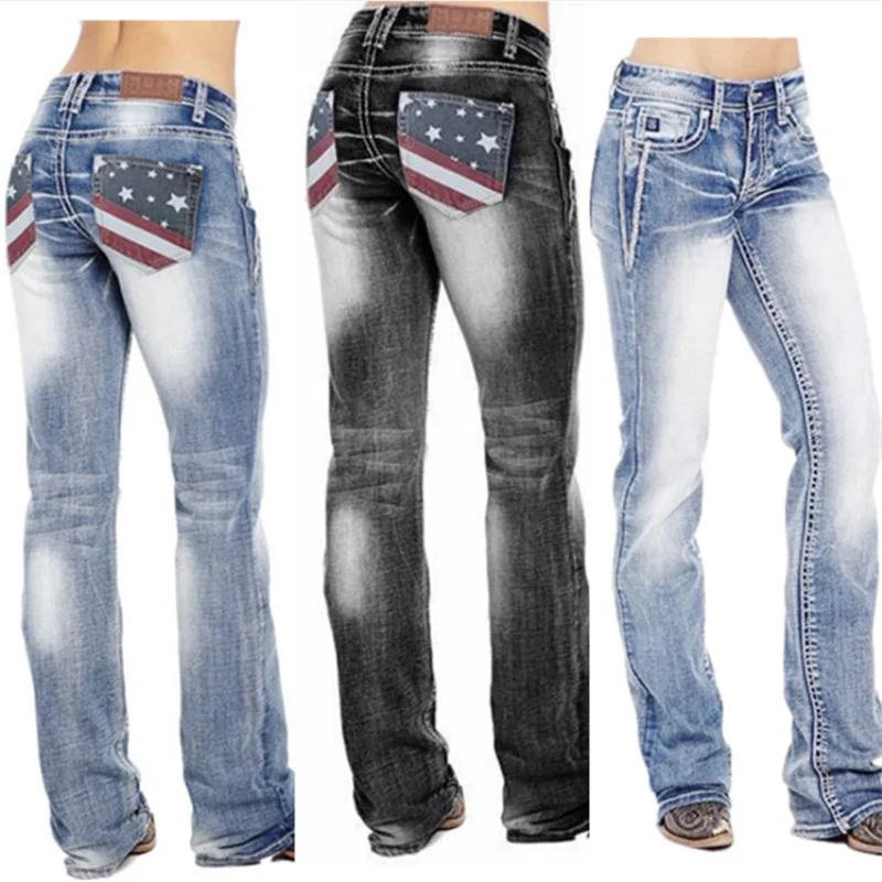 

Woman Jeans Femme High Waist Clothes American Flag Stretch Washed Bootcut Mom Jeans Vintage Pants Denim Pantalon