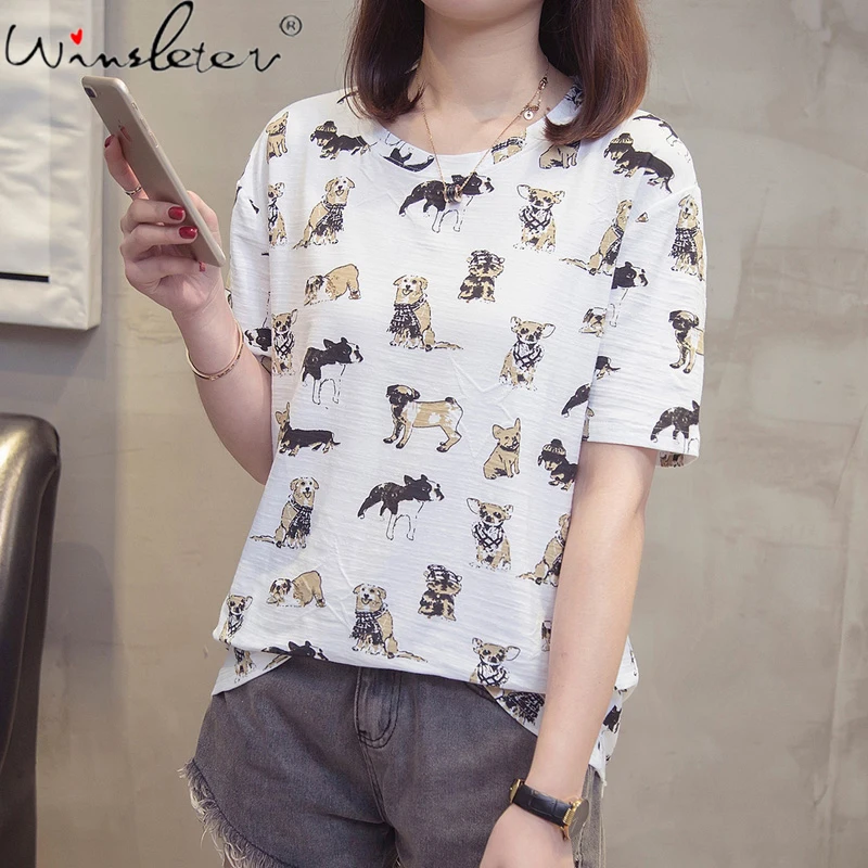 Женская свободная футболка размера плюс L 4XL с принтом милой собаки и круглым