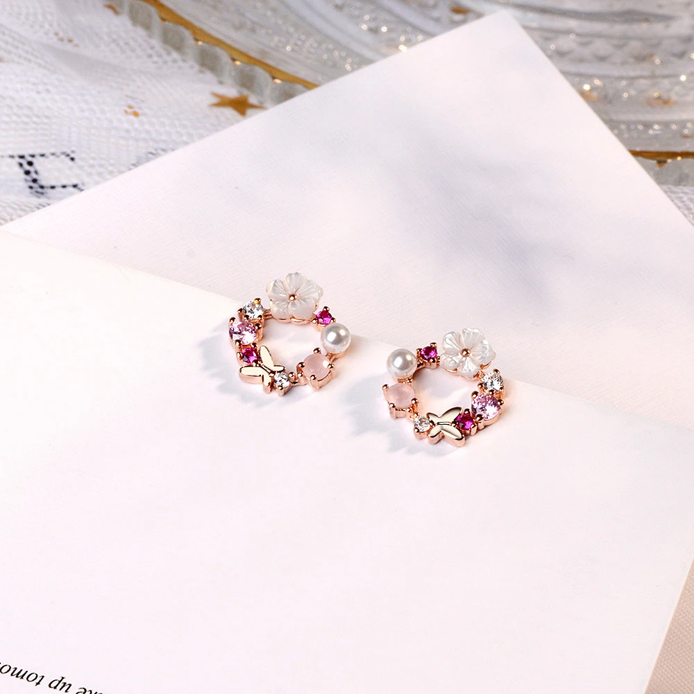 

Earrings female Japanese and Korean style simple shell flower personality diamond-studded flowers sweet earrings ear jewelry