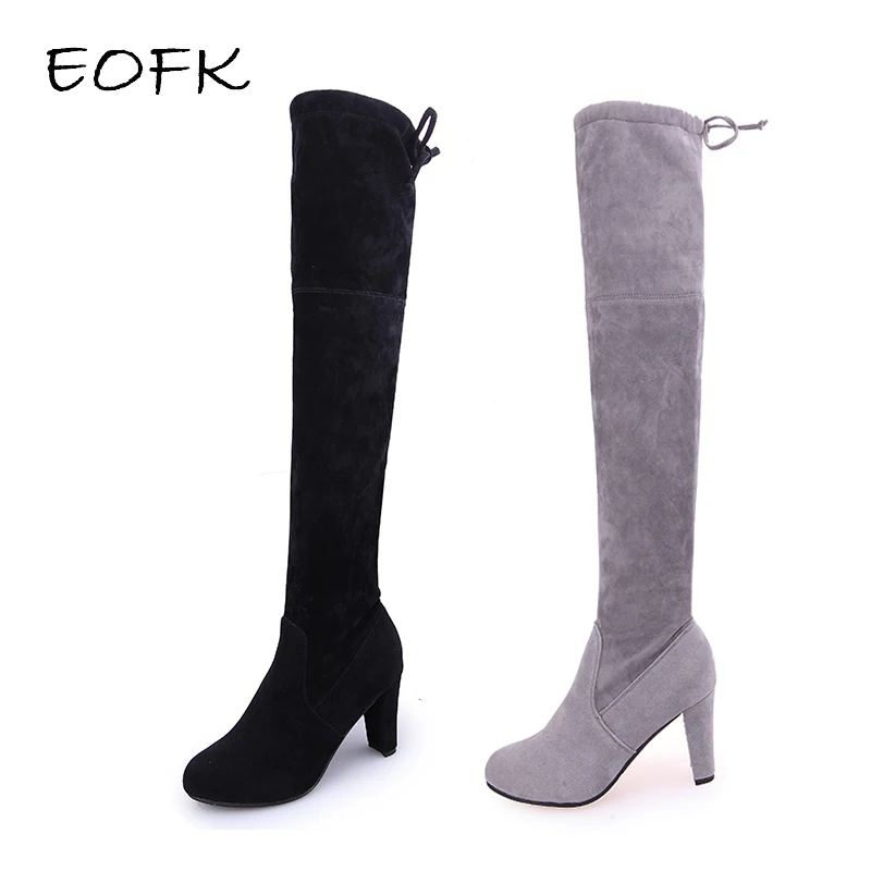 

EOFK New Winter Women Flat Over Knee Boots Woman Slip On Pointed Toe Hoof Heels Warm Short Plush Ladies High Boots