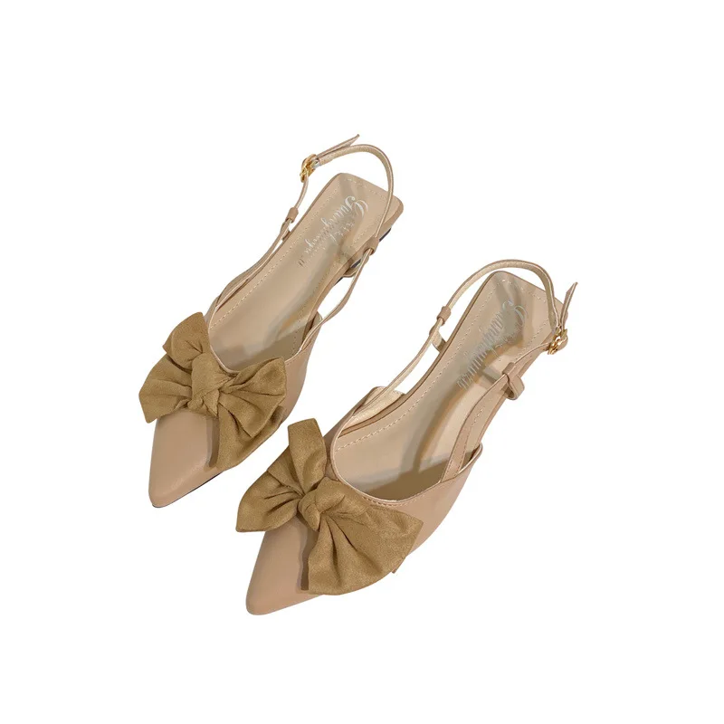 

Baotou sandals women's bow 2020 new summer fairy style versatile low heel back empty one line flat shoes with pointed end